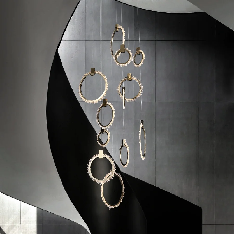 

Modern Crystal LED Rings Chandelier For Staircase Lobby Luxury Cristal Long Hanging Lamps Minimalism Indoor Attic Light Fixtures