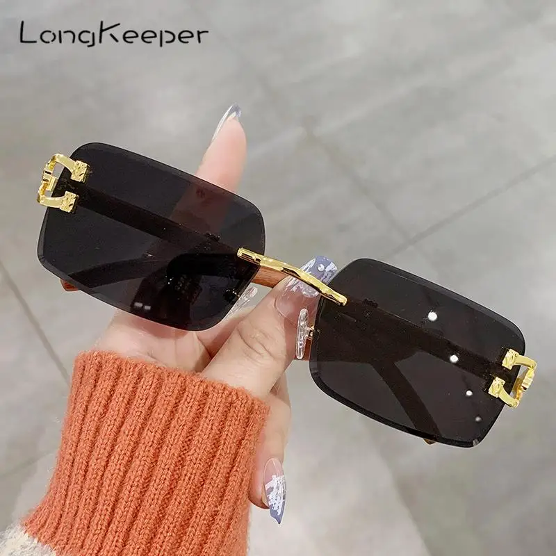 

Longkeeper 2023 Square New Rimless Rectangle Sunglasses Women Wooden Legs Metal Sun Glasses Brand Luxury Designer Shade Uv400