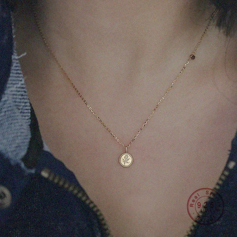 

AIDE 925 Sterling Silver Simple Rose Coin Pendant Necklace Women Plated 14K Gold European Sweet Love Jewelry Gift