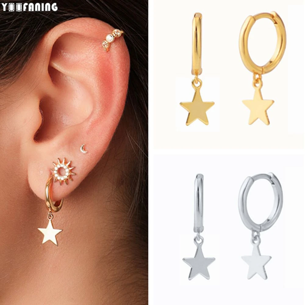 Серьги-кольца женские из серебра 925 пробы с подвеской в виде звезды