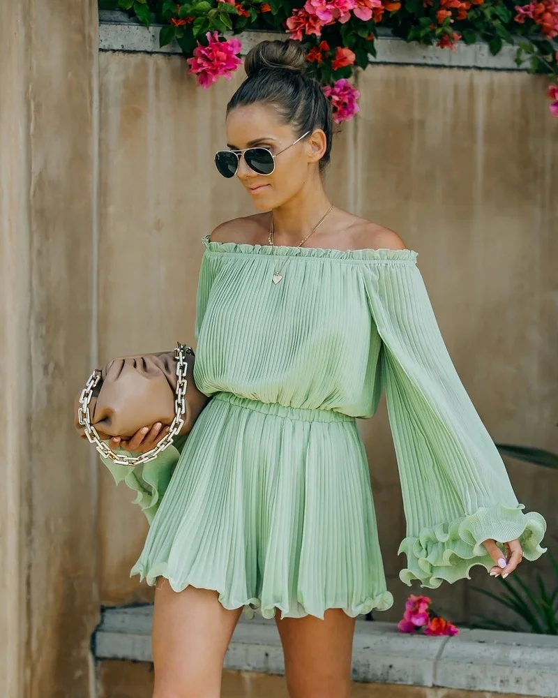 2022 Fashion New Product Summer Solid Color Folds Sexy One-shoulder Ruffled Waist Casual Loose Jumpsuit Women's Clothing