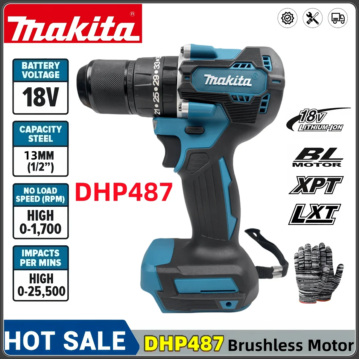 Makita Новый DHP487 13 мм Аккумуляторная ударная дрель 18VLXT Бесщеточный двигатель