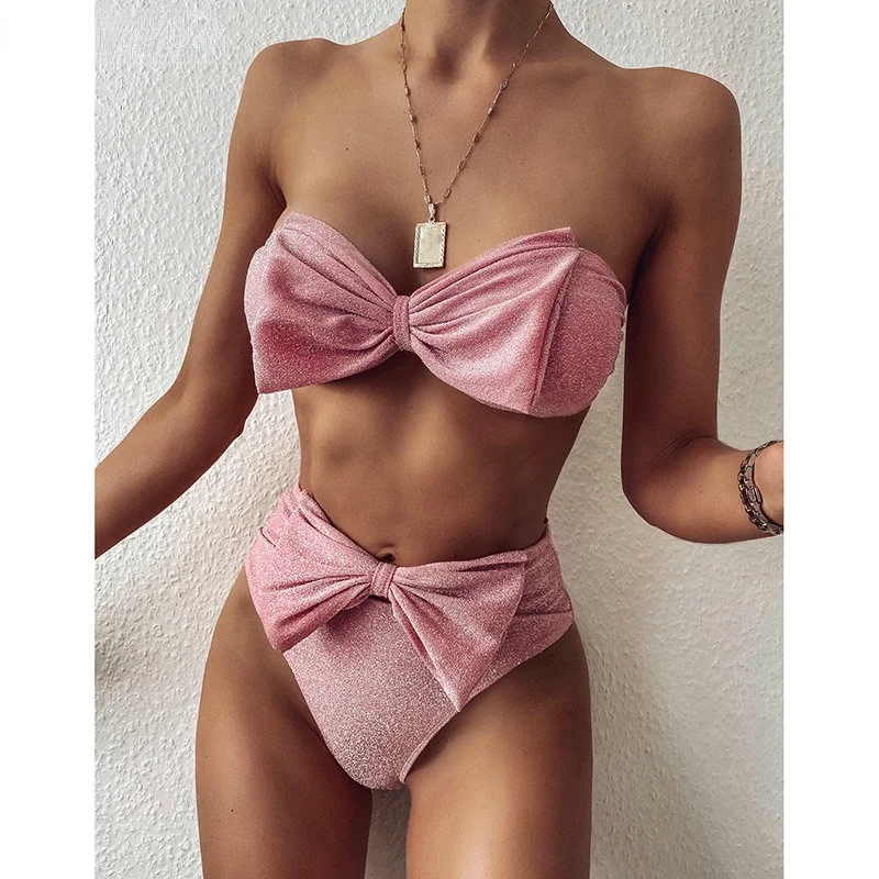 

Sexy Bandeau Bikini Women's Swimwear 2021 Swimsuit Shiny High Waist Biquini Bow Bikinis Set Strapless Bathing Suit Women