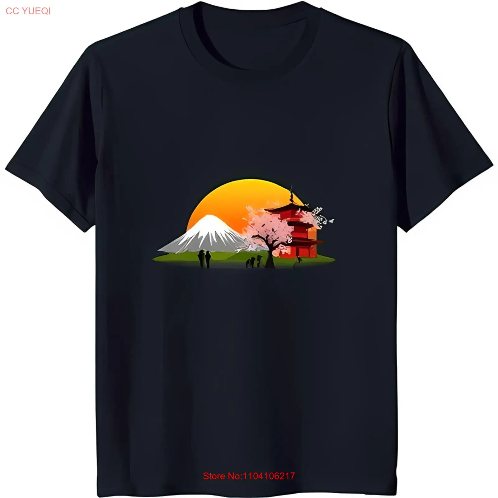 Минималистичная черная футболка с горным храм и вишневым цветом