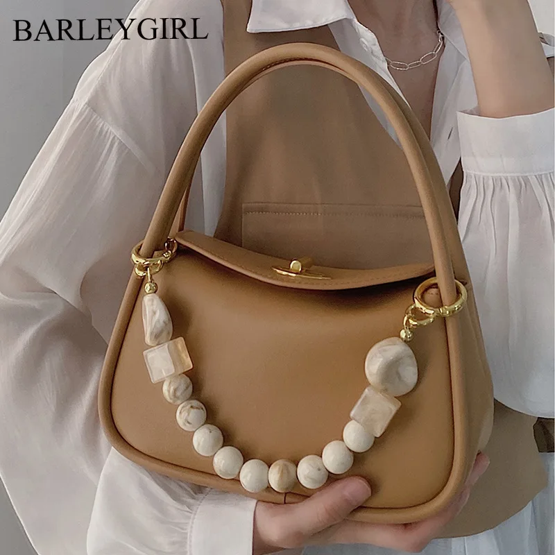

High Quality PU Leather Shoulder Bags for Woman Baguette Bag Pearl Chain Versatile Handbag Large Capacity Travel Designer Bag