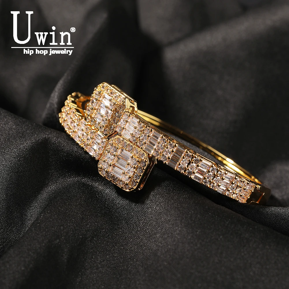 

UWIN Baguette CZ Bangles Iced Out Cubic Zirconia Bracelets Gold Silver Rose Color Fashion Hip Hop Jewelry Gifts for Women