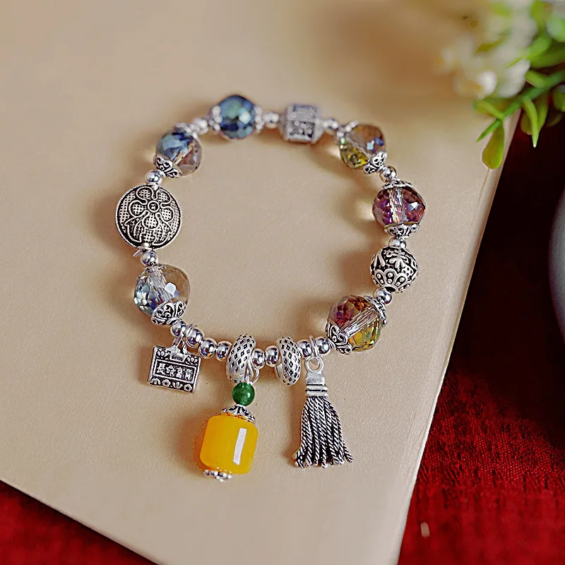 

Retro Ethnic Transparent Crystal Tassel Bracelet Tibetan Silver Pendant Bracelet String Beads Bracelet Women Girl Jewelry Gifts