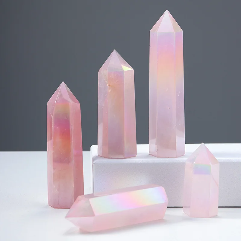 

1PC Natural Aura Rose Quartz Crystal Point Wand Healing Stone Meditation Home Decoration Reiki Polished Stone Chakra Tower