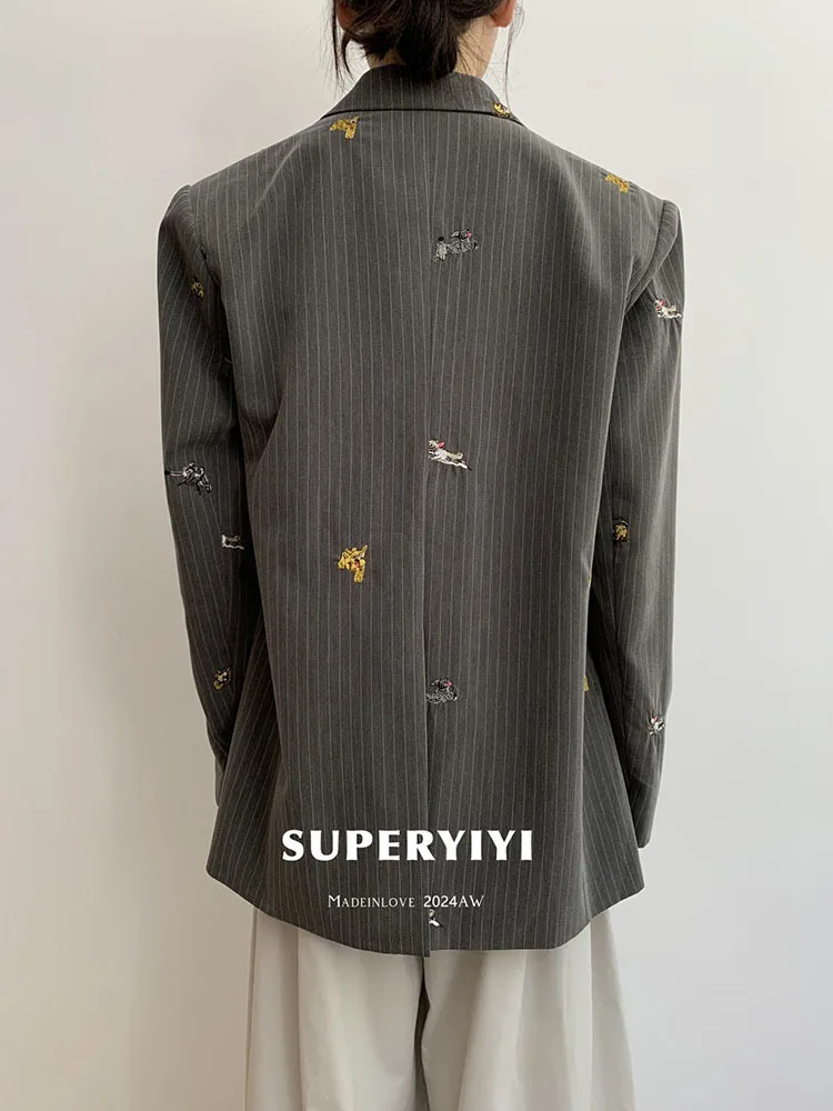 Женское однобортное пальто BZVW осеннее в полоску с длинными рукавами и вышивкой