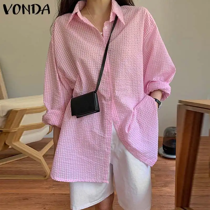 

VONDA Long Sleeve Lapel Collar Women Blouses Casual Button Up Checked Plaid Chemise Shirts Bohemian Blusas Female Vintage Blouse