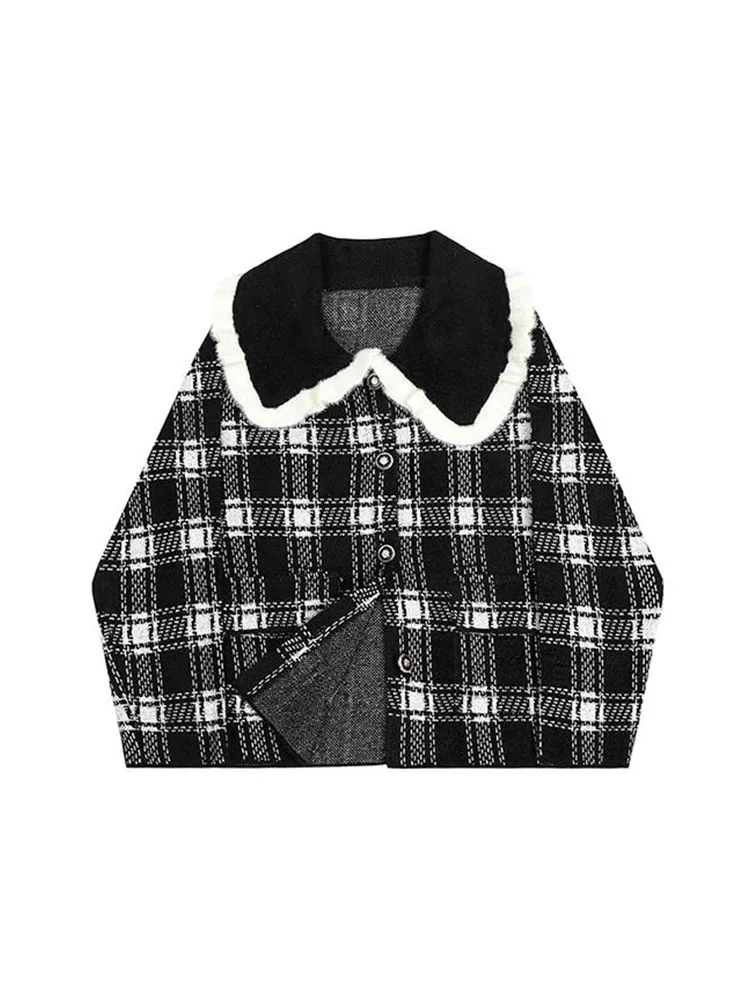 

Women Autumn Winter Contrast Color Retro Classic Plaid Thick Cotton Padded Coat Baggy Ruffle Decoration Lapel Warm Jacket Outer