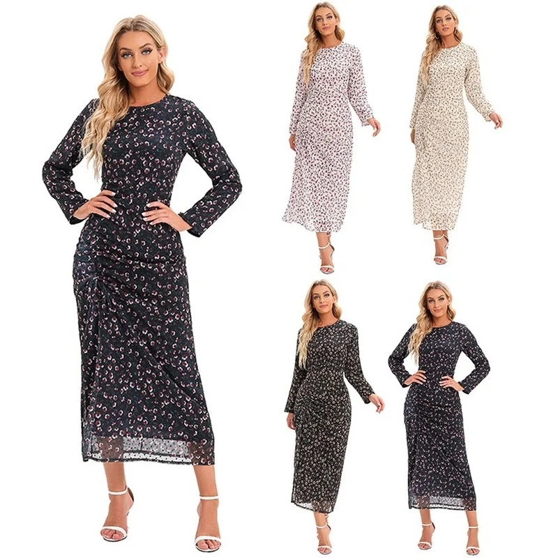 

Women's Dress Summer Fashion Floral Print High Waist Dress Women's Casual Long Sleeve Round Neck Pleated Slim Dress