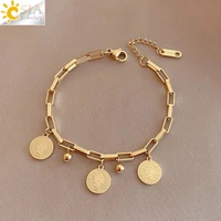 csja 316 stainless steel portrait coin pendant bracelet for women 2022 gold color bead female bracelets personality jewelry s865
