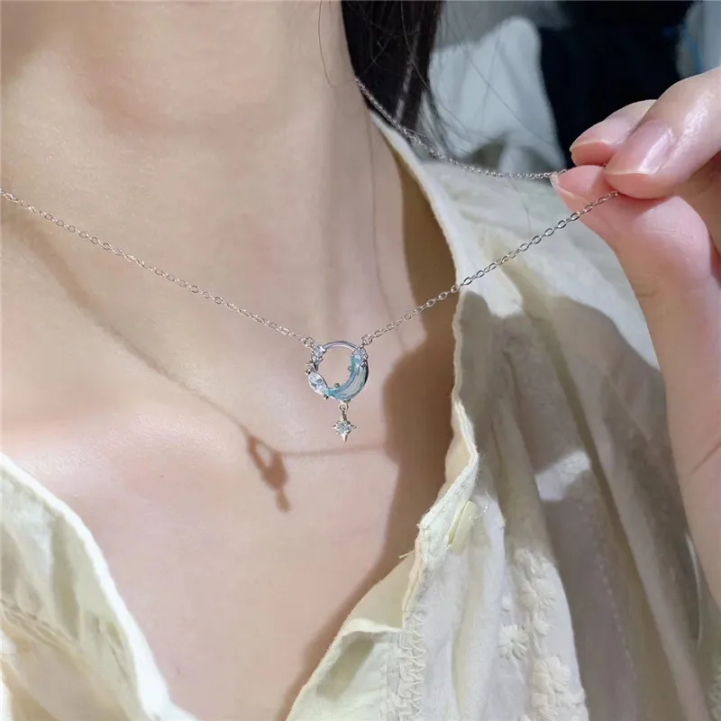 

Fashion Crystal Moon Star Opal Round Charm Necklace for Women Crystal Zircon Silver Light Blue Necklace Elegant Jewelry