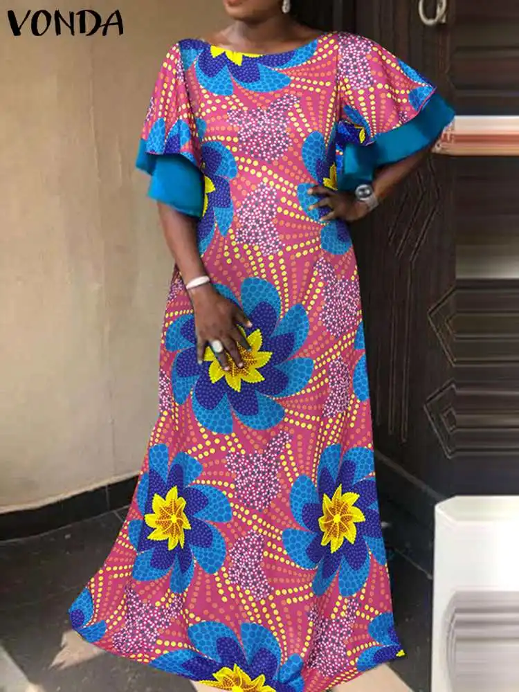 

Женское платье VONDA 2023, богемное элегантное Цветочное платье с расклешенным рукавом, летний вечерний сарафан с принтом, сексуальное свободное вечернее платье с круглым вырезом