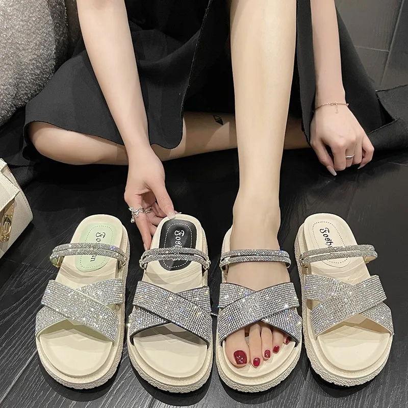 

2022 New Sandals Ladies Summer Fairy Style Fashion Rhinestone Student Thick Sole Roman Flat Shoes Indoor Slippers Slippers