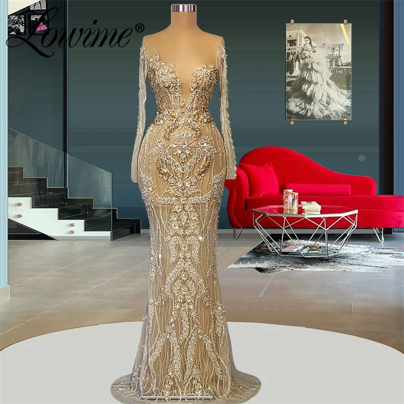 

Lowime Illusion Beading Crystals Long Sleeves Evening Dresses Arabic Dubai Mermaid Luxury Party Dress Couture Prom Dress Gowns