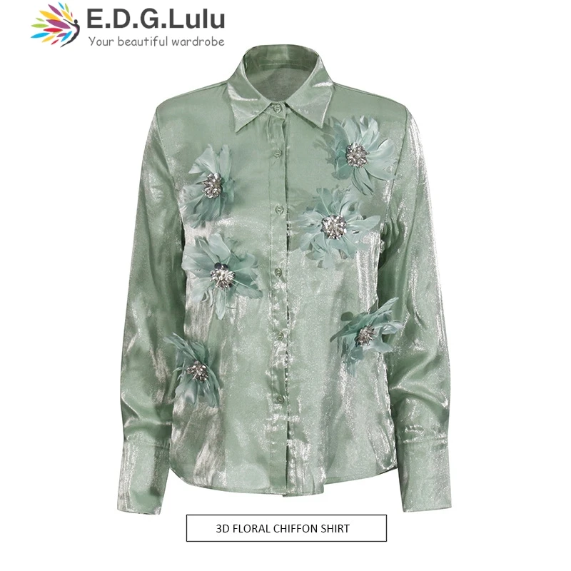 EDGLuLu зеленые блузки с отложным воротником женский дизайн офисная блузка 3d