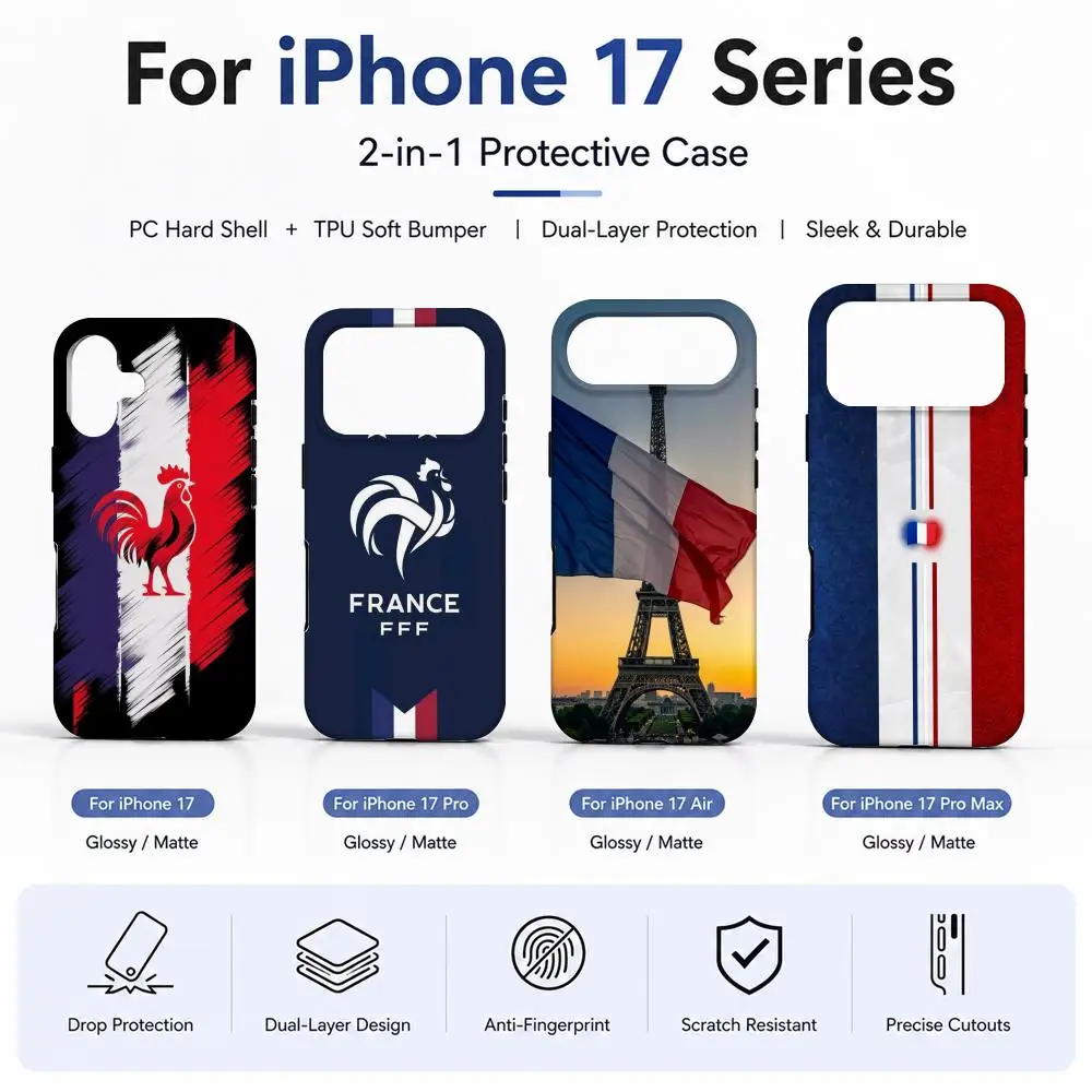 Фото Чехол-накладка 2-в-1 с французским флагом для iPhone 17, 16, 15, 14, 12, 17 Air, 16e, 13 Pro MAX, 16 Plus №1