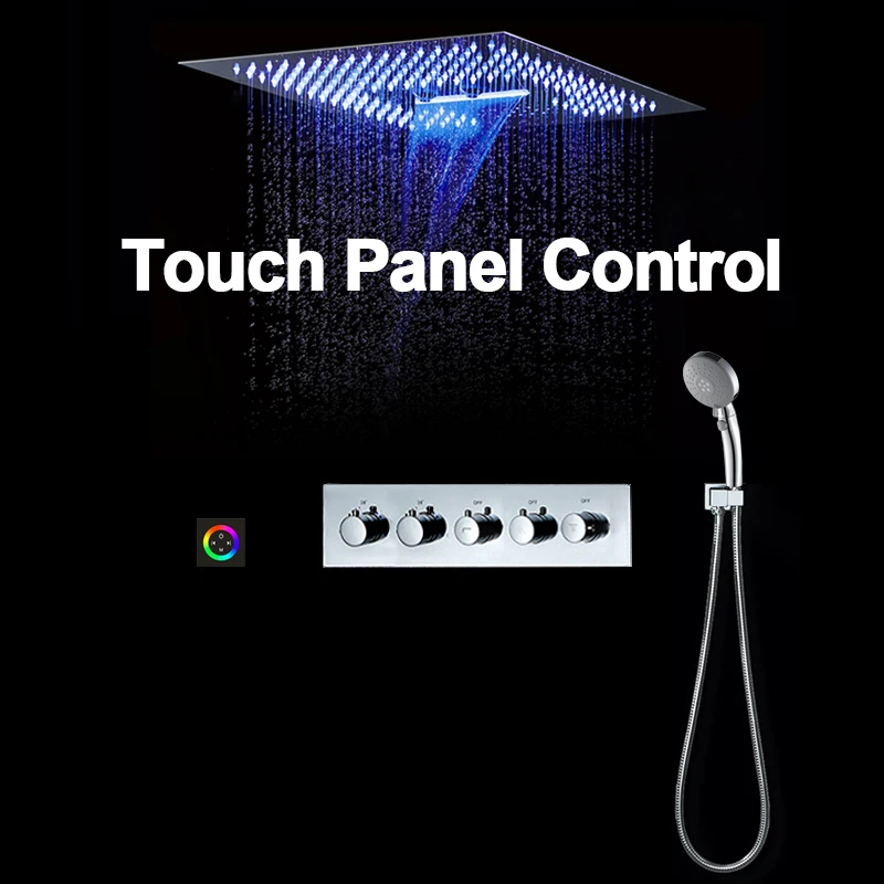 

Thermostatic Shower System Set Chrome Rainfall Shower Set Stainless Steel Waterfall Shower Head LED Music with Speaker Bluetooth