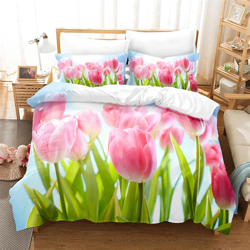 

Pink Tulip Bedding Set Rose Duvet Cover Set Lovers Bedding Kids Luxury King Size Comforter Bedding Sets Queen Duvet Cover Set