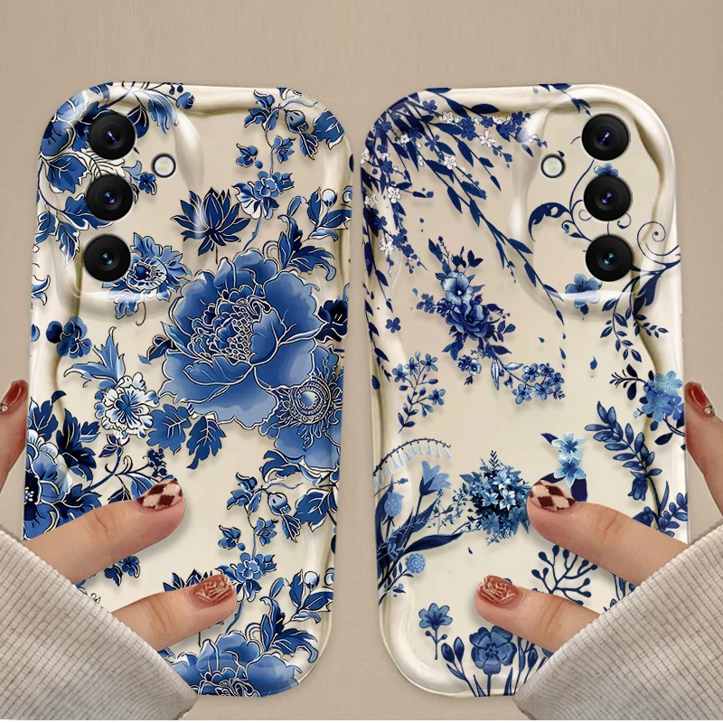 Чехол Blue Cat Flower Totem Wave для Samsung Galaxy A14 A54 A34 A24 A13 A53 A33 A73 A23 A52 A52S A32 A22 A12 A51 A71 Задняя