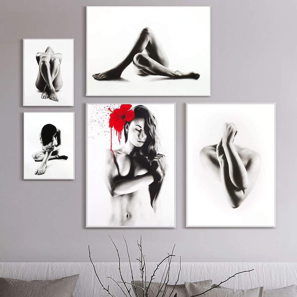 

Black White Sexy Nude Female Body Language Original Canvas Painting on Wall Poster Print Wall Art Picture for Living Room Decor