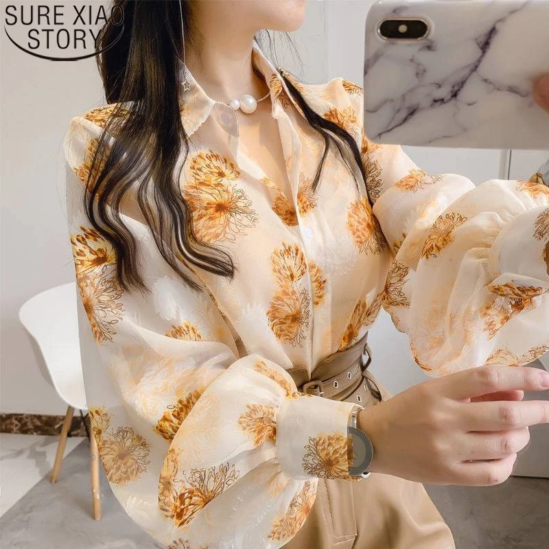 

Vntage Flower Print Long Lantern Sleeve Casual Chiffon Shirts 2022 Summer Women Clothes Button Loose Turn-down Collar Tops 21537