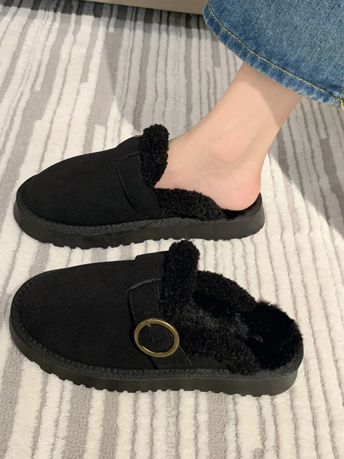 

House Slippers Platform Flock Female Shoes Cover Toe Slides Fur Flip Flops Winter Footwear Fashion Low Soft 2023 Flat Plush