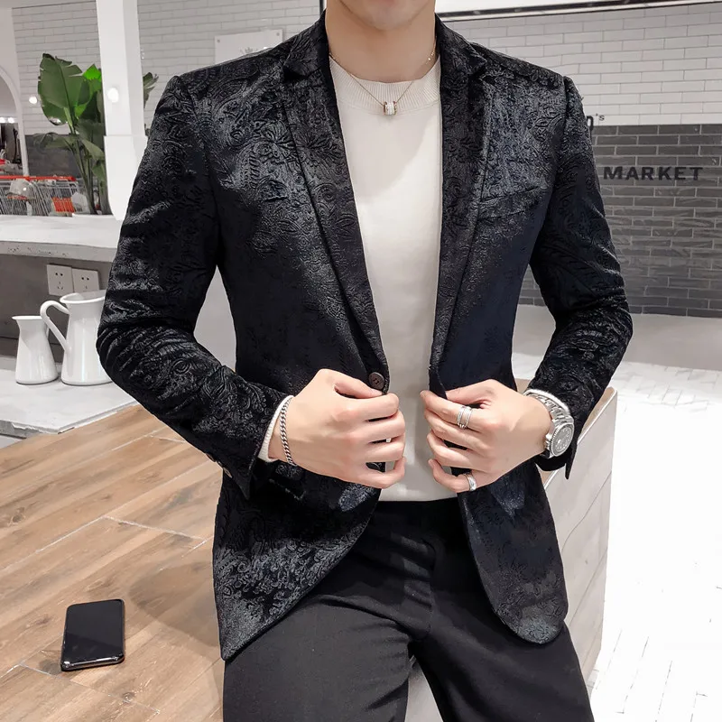 

2021 Spring New Men Slim Printed Old Suit Handsome Small Suit for Man South Korean Sight-fitting Evening Show Small Suit Jacket