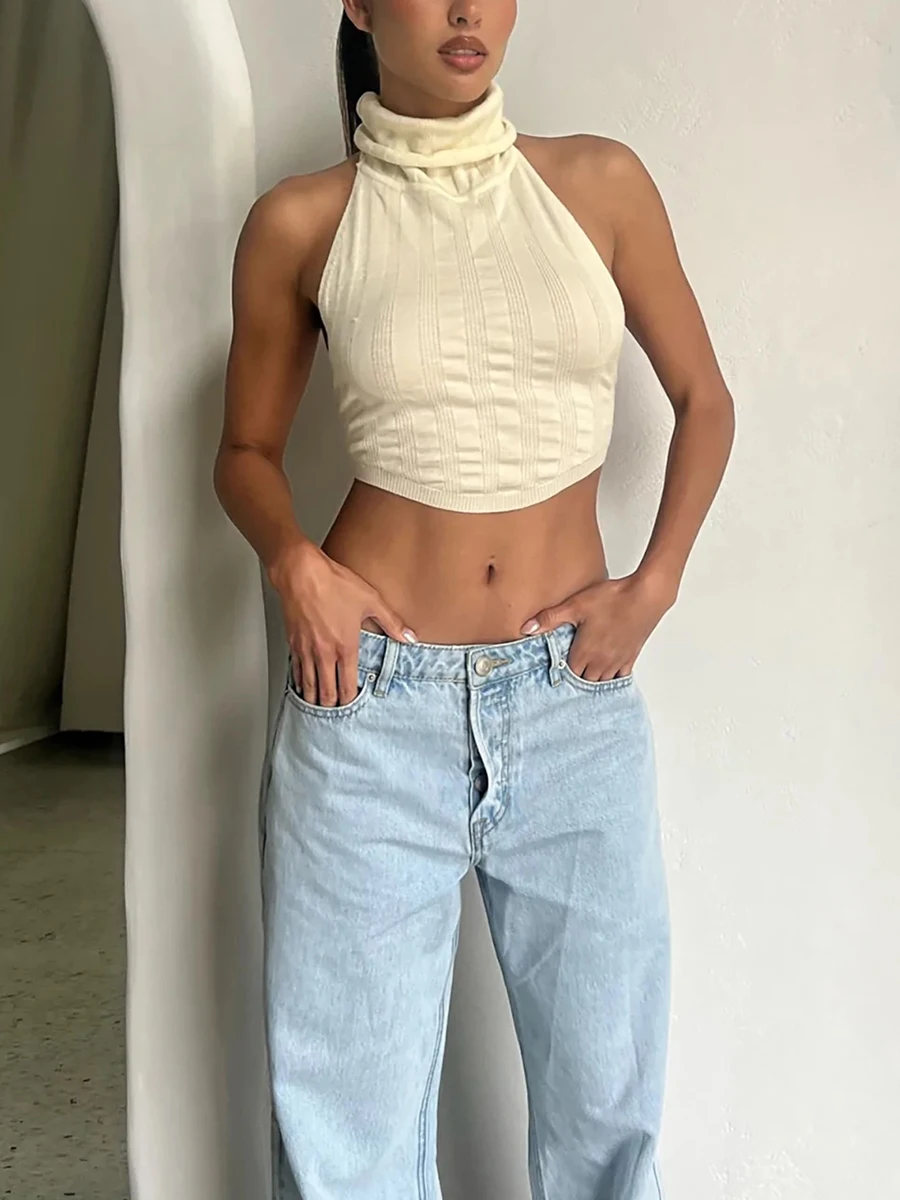 

Women Summer High Neck Vest Solid Color Knitting Sleeveless Display Navel Cropped Tank Tops