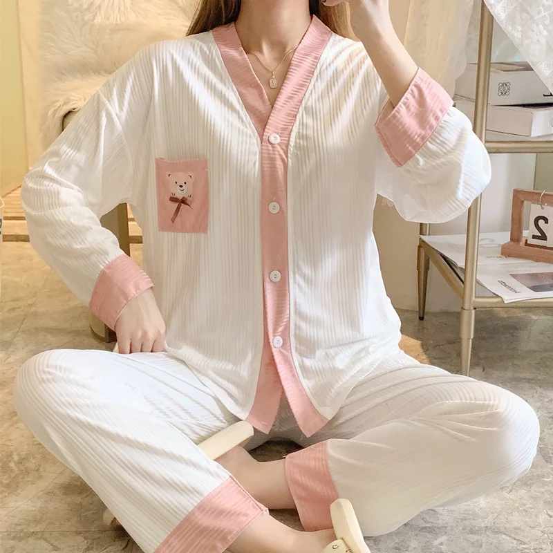 Pajamas Girl Cute Cartoon  Student  Spring/Autumn Fresh Long Sleeves Pit Bar Milk Silk Pocket Bear Home Set Pyjamas Sleepwear