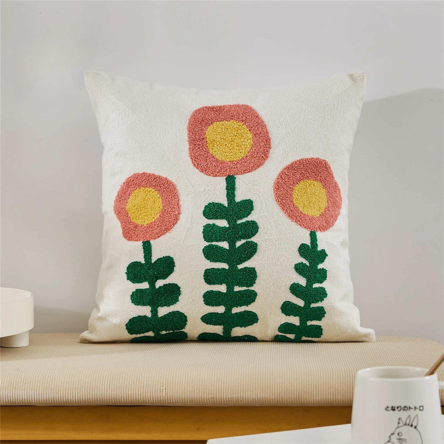 

Embroidery Flower Office Cushion Cover 45x45cm Sunflower Plant Cotton Throw Pillow Case Home Decoration Living Room Bedroom Sofa