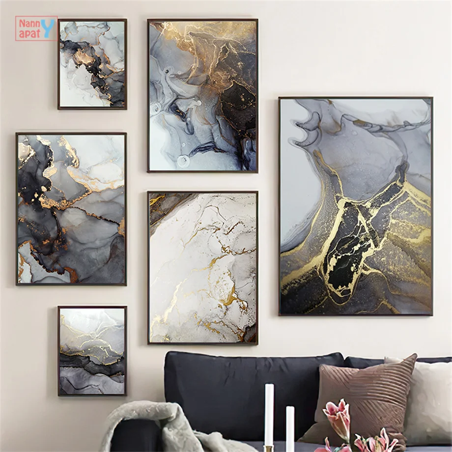 

Современный минималистичный домашний декор, Мраморная красочная холщовая живопись, абстрактная позолоченная мраморная стена художествен...