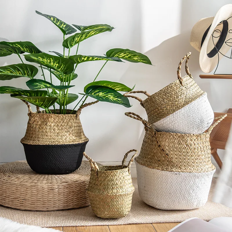 

Handmade Woven Storage Basket Portable Laundry Basket Organizer Foldable Straw Wicker Rattan Flower Pot Plant Baskets for Garden
