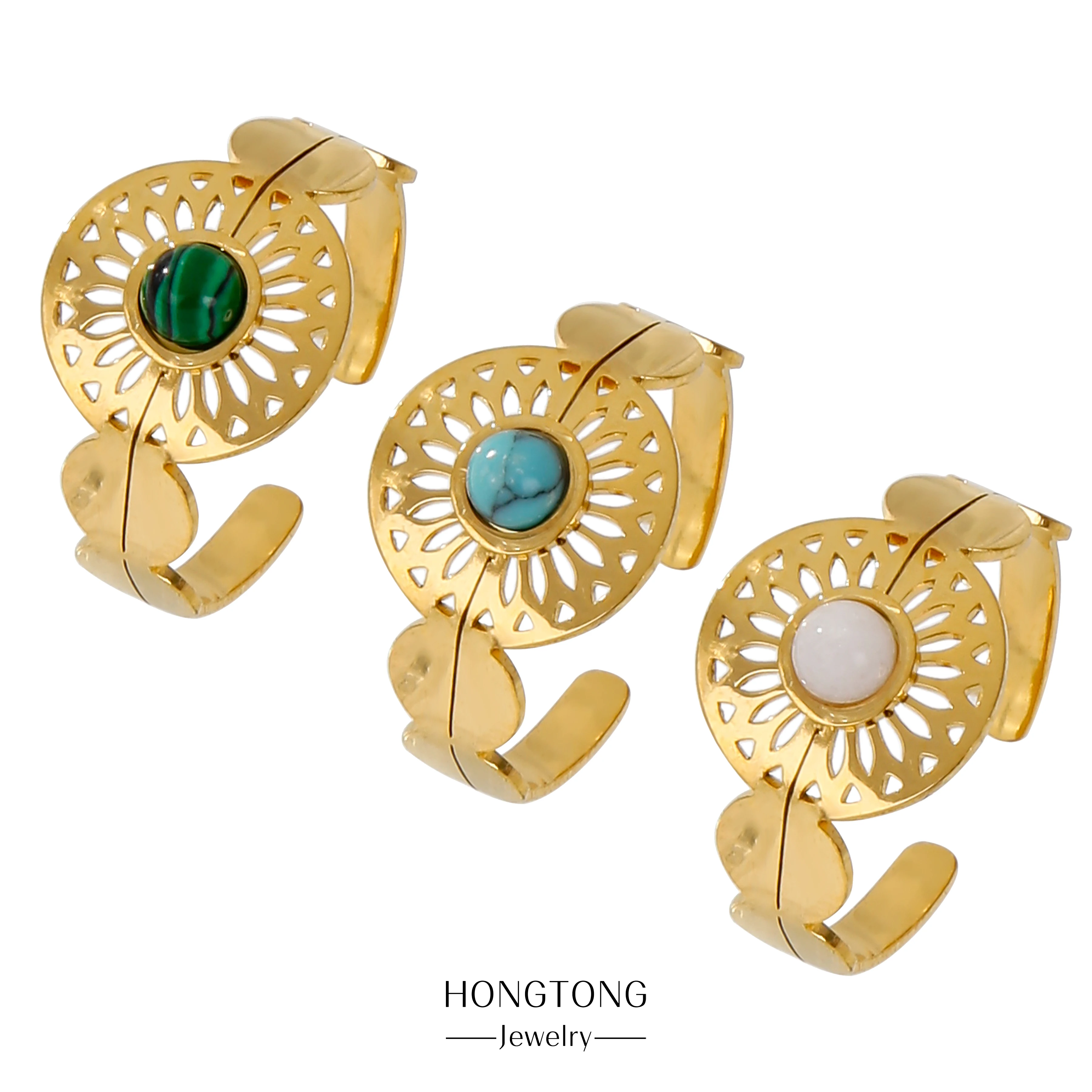 

HONGTONG Real Gold Plating Leaf Demarcation Fashion Ring Three-Color Gem Stainless Steel Ring Jewelry Gift Banquet Party