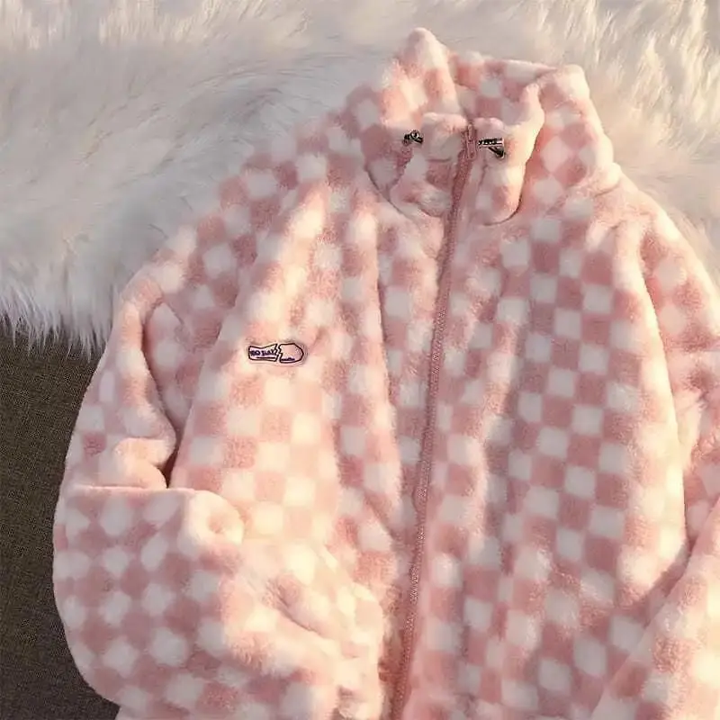 

2022 New Winter Korean Zipper Top Embroidery Lamb Leopard Plush Short Coat Imitation Rex Rabbit Fur Grass Fur Coat Female Plaid