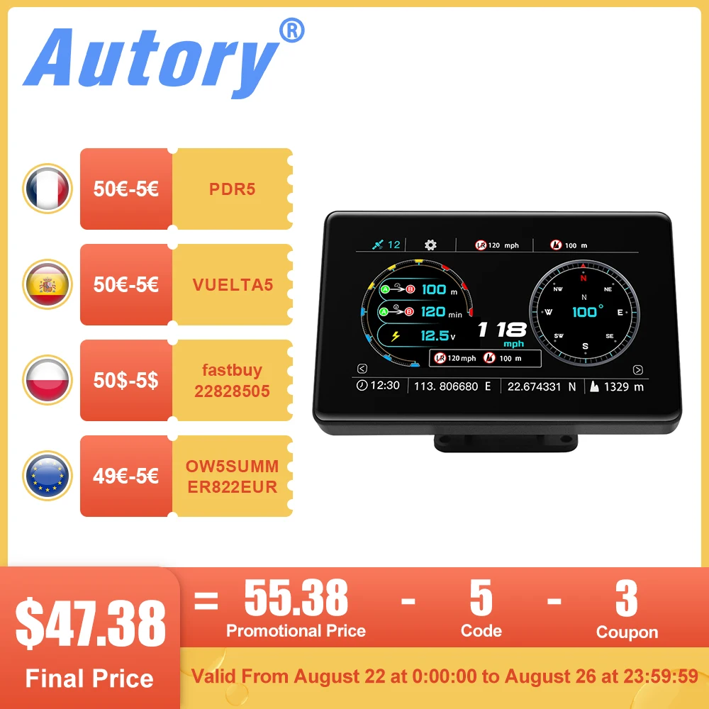 Autory G5 Car Horizontal Slope Meter GPS Inclinometer Speedometer Compass Pitch Angle touch display screen HUD head up display