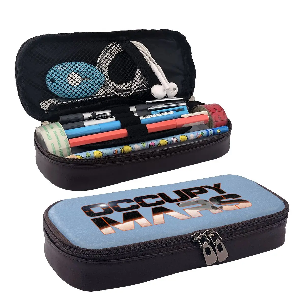 

Occupy Mars Logo Leather Pencil Case Zipper Pencil Box Stationery Pen Pouch for Boys Girls School Students Work Office