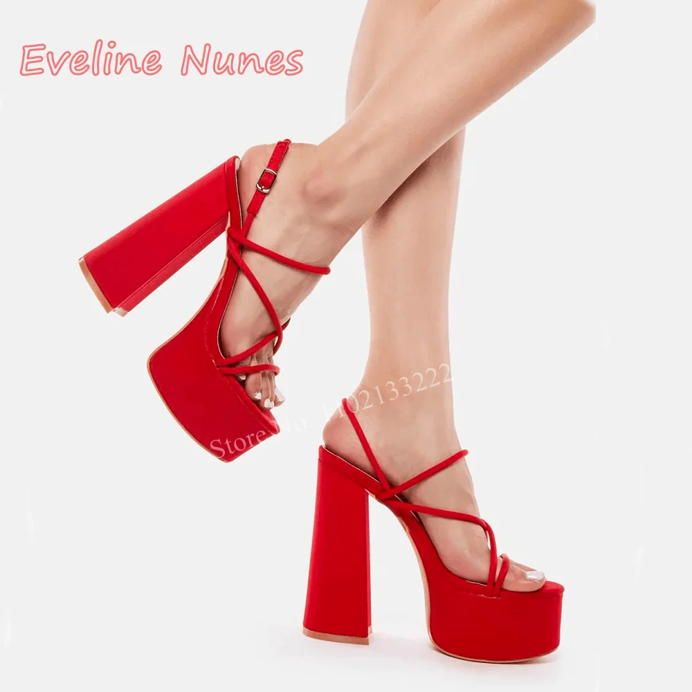 

Red Strap Platform Sandals Summer Women's Solid Chunky Heel Round Toe Derss Fashion Sexy and Versatile Good Quality High Heel