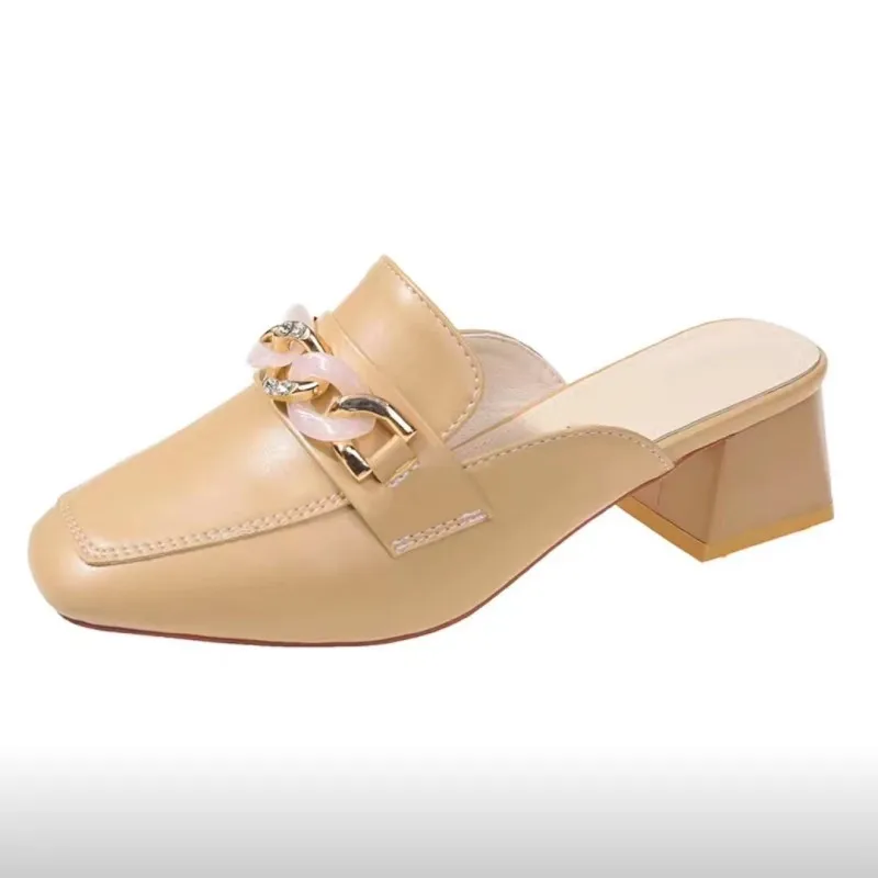 A7 Summer New Square Head Chain Slippers Women's Fashion Solid Color Temperament Net Red Comfortable High Heel Shoes Women