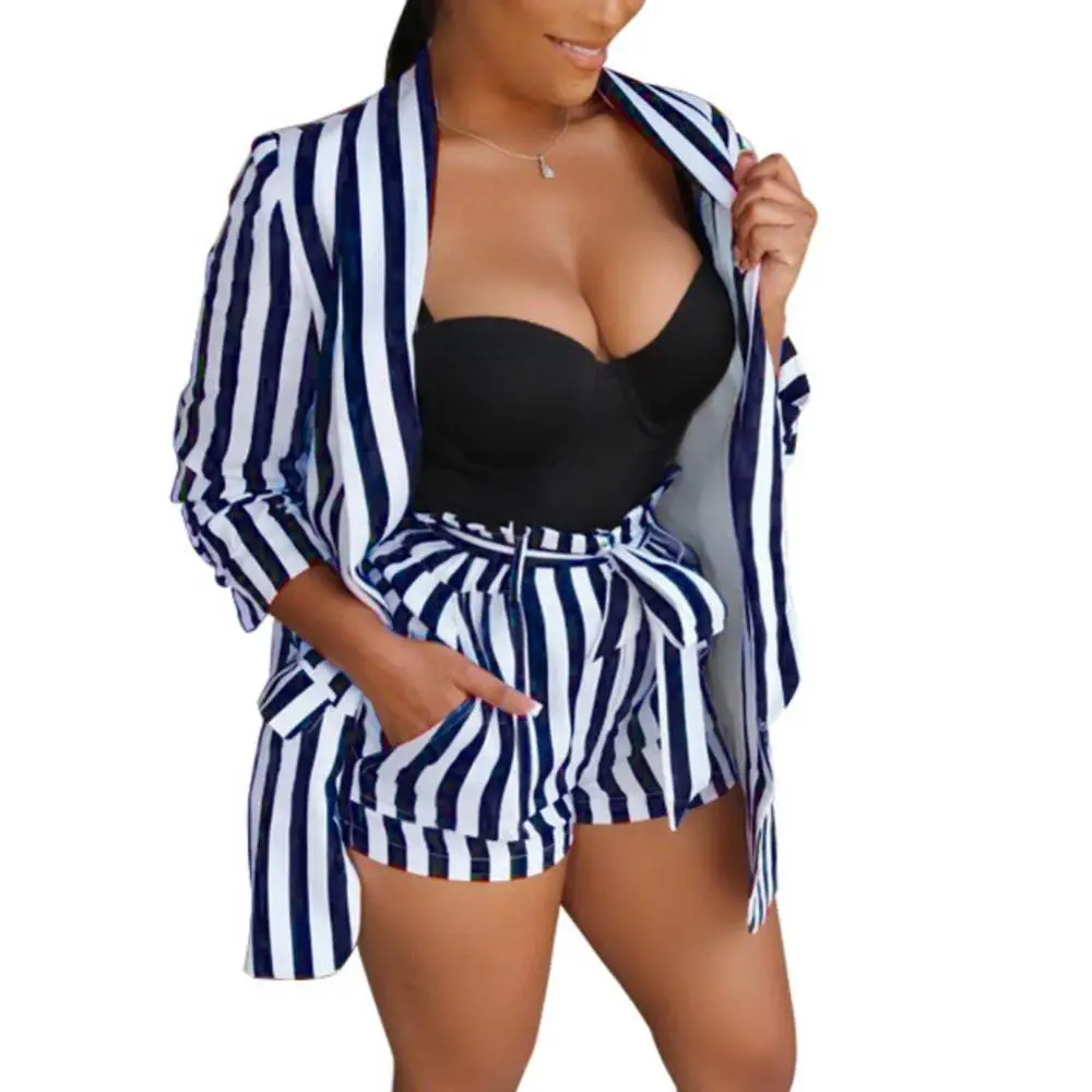 

Женский пиджак и шорты, комплект из 2 предметов, пикантный пиджак с полосками, отложным воротником, пуговицами и карманами, летний пиджак