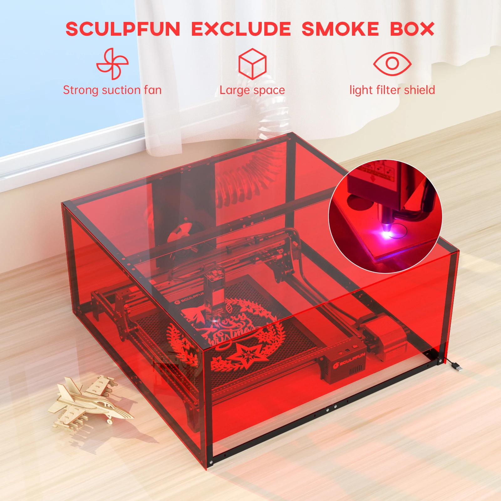 Enlarge SCULPFUN Laser Engraving Machine PVC Enclosure Dust-proof Protective Box 720x720x360mm Smoke Exhaust with Powerful Suction Fan