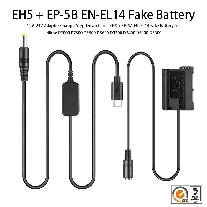 

EH-5A 12V-24V Adapter Step-Down DC Cable + EP-5B DC Coupler EN-EL15 Dummy Battery for Nikon V1 D850 D810 D800E D750 D610 D600 D5