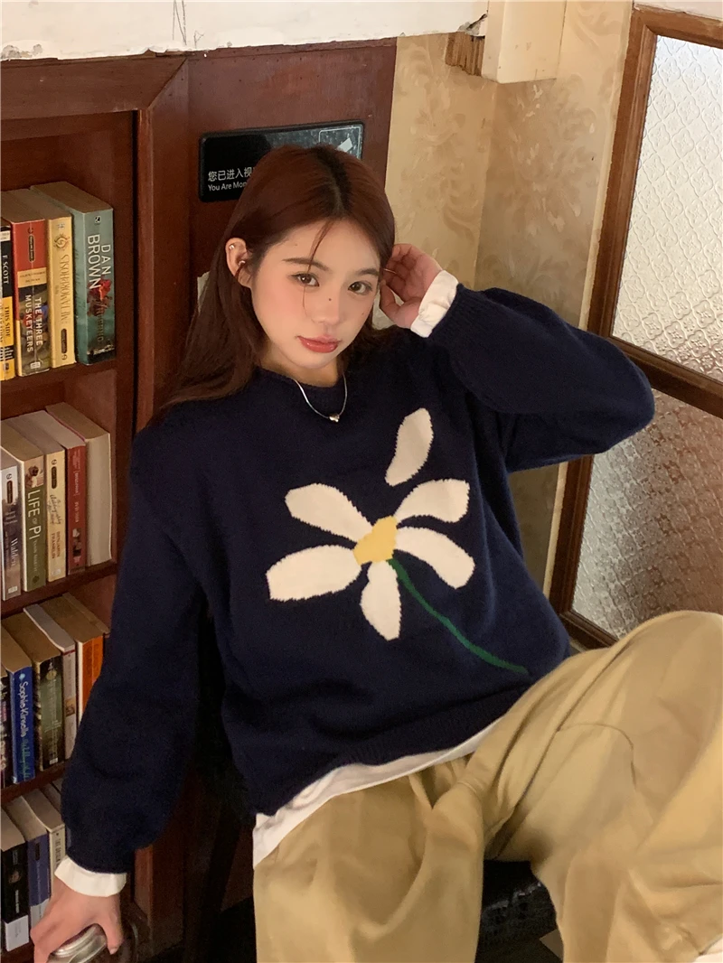 

Забавный жаккардовый пуловер ранней осени, женский свободный и ленивый свитер контрастных цветов, короткий вязаный Топ в Корейском стиле