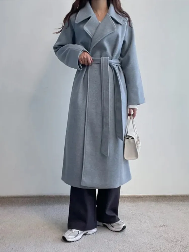 

Korean Fashion Elegant Women Woolen Coat Long Sleeve Casual Loose Vintage Chic Overcoat with Belted Female Cloak Winter New