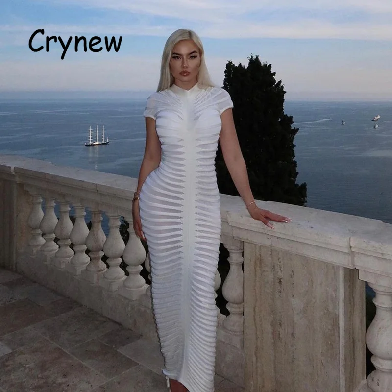 

Женское трикотажное платье в полоску Crynew, элегантное облегающее прозрачное однотонное эластичное платье с коротким рукавом, уличная одежда на лето 2023