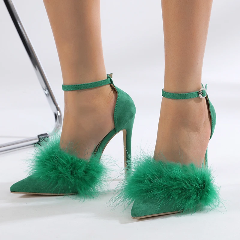 

NIUFUNI 2023 Summer Pointed Toe Feather Women's Sandals Stiletto High Heels Gladiator Shoes Elegant Dress Shoes Pure Color Suede