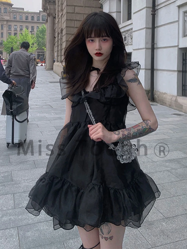 

Summer Black Gothic Sweet Dress Women White Korean Style Elegant Party Mini Dress Casual Japanese Cute Suspender Dress 2022 New