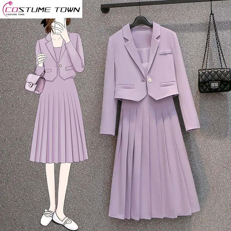4XL Korean Style Lavender Purple Jacket Blazer Sexy Pleated Strap Dress Two Piece Set Elegant Women's Pants Suit Office Outits
